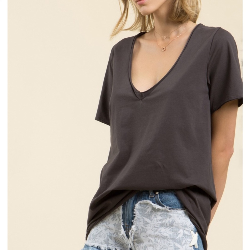 LAST DEEP V Neck cotton T shirt Coal Black